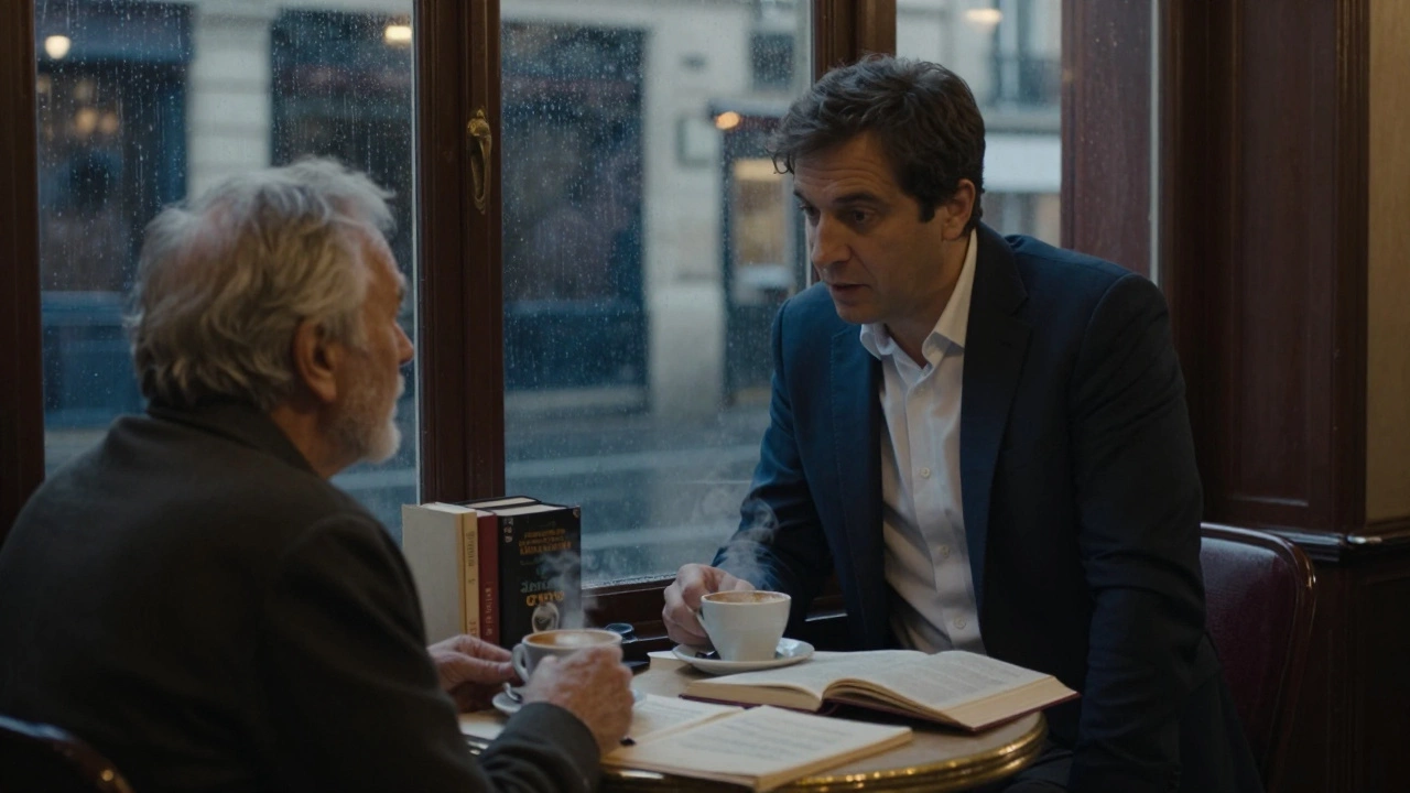A man listening intently to an elderly writer in a cozy Parisian café at twilight.