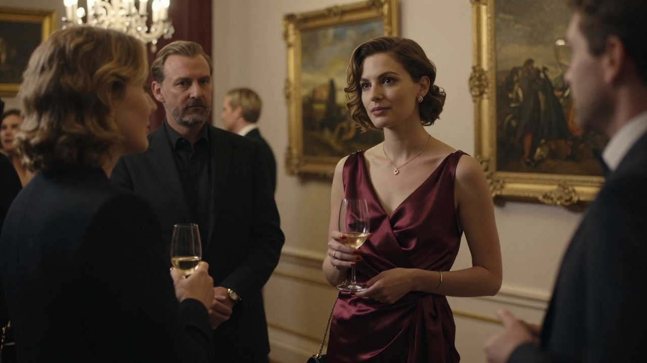 A poised woman in an elegant gown engaging with guests at a prestigious art gallery in St. Petersburg.