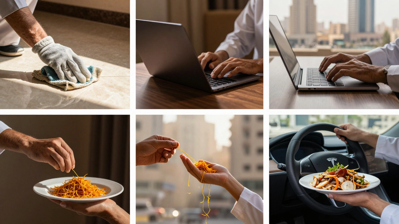 Diverse hands engaged in daily work across Dubai, lit by a single sunbeam symbolizing quiet resilience.